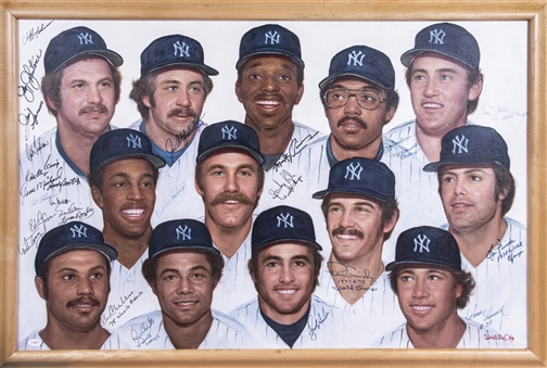 1978 New York Yankees Multi Signed Original Artwork With 25 Signatures In 40x27 Framed Display (JSA)